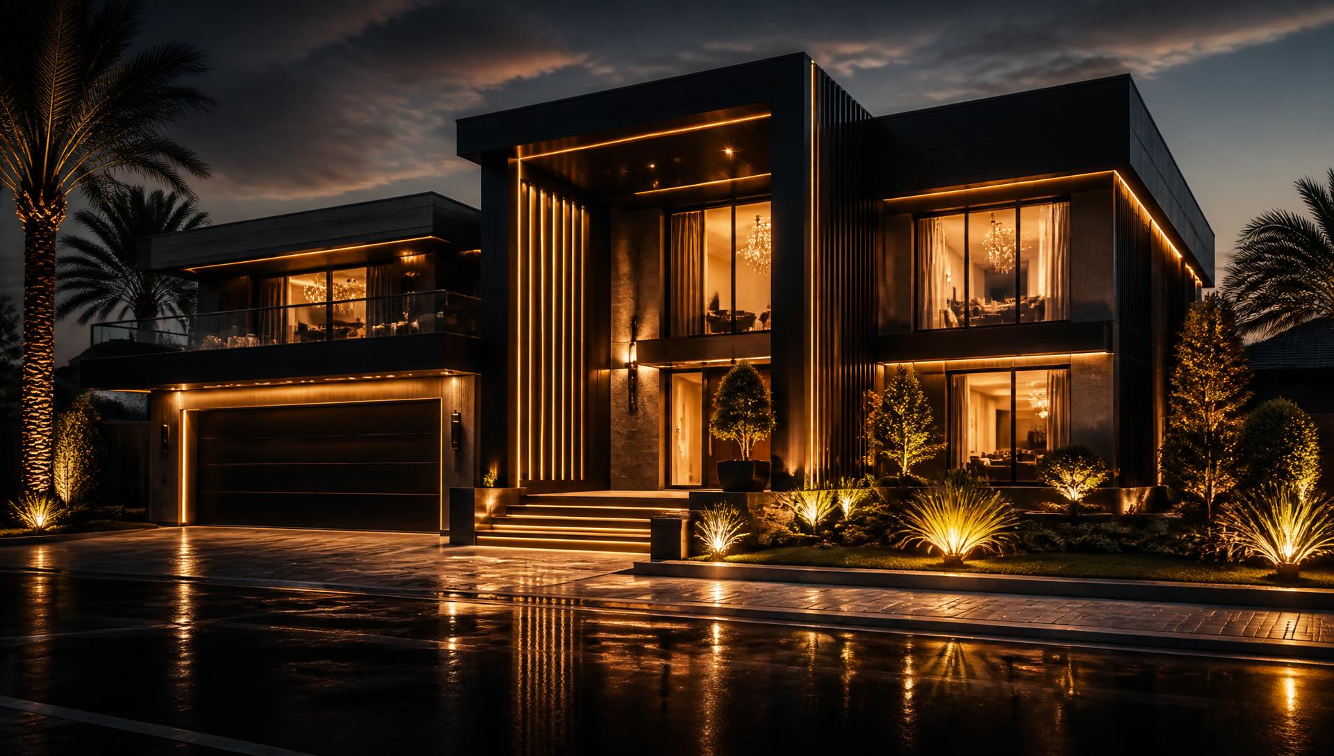 Luxury home lit at dusk
